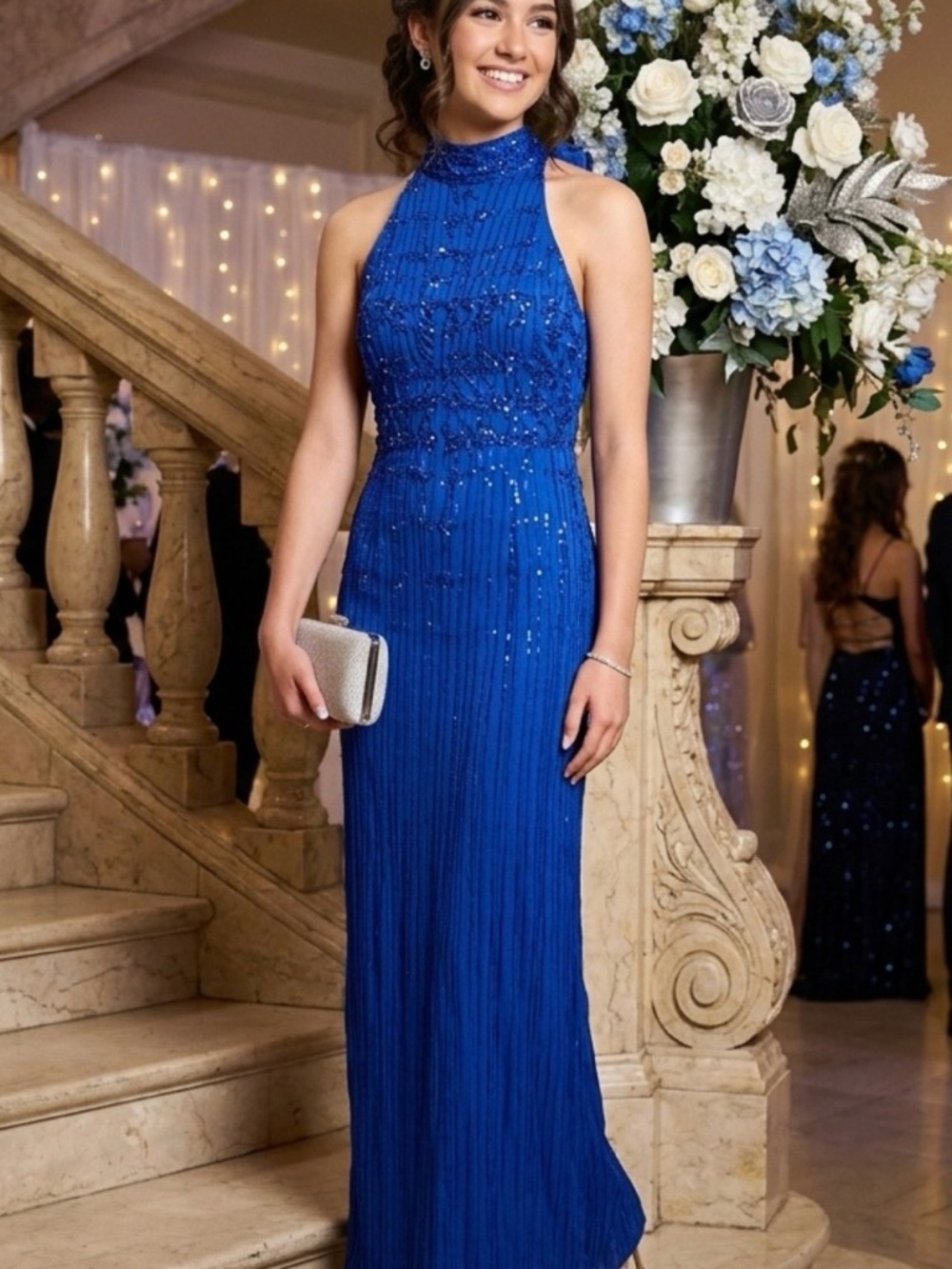 Jennifer Evening Elegant Royal Blue Hand Beaded Silk Halter Dress Size 12